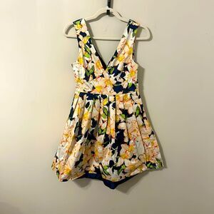 J. Crew V-Neck A-Line Floral Peach and Navy Dress 98% Cotton Size 4